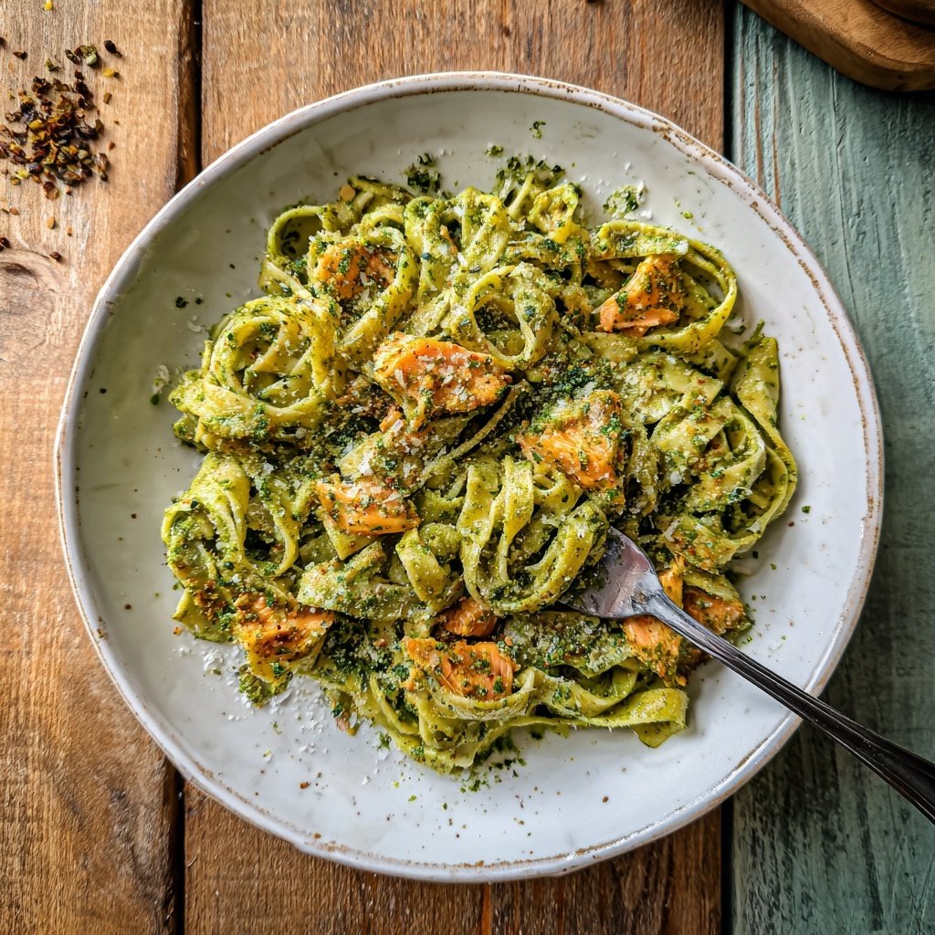 Salmon Pasta with Spinach Pesto