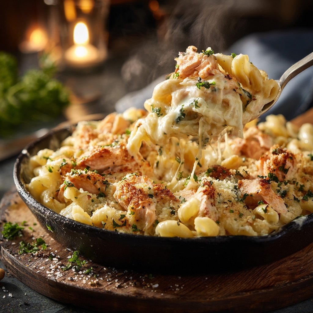 Creamy Garlic Salmon Pasta Bake